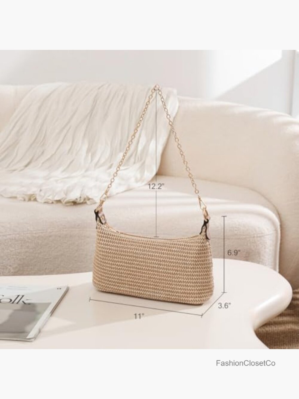 Straw Woven Small Tote Shoulder Handbag with Chain Strap - Picture 3 of 7